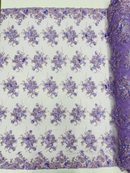 3D Flower Pearl Design - Lilac - Embroidered Sequins Floral Clusters Lace Fabric By Yard