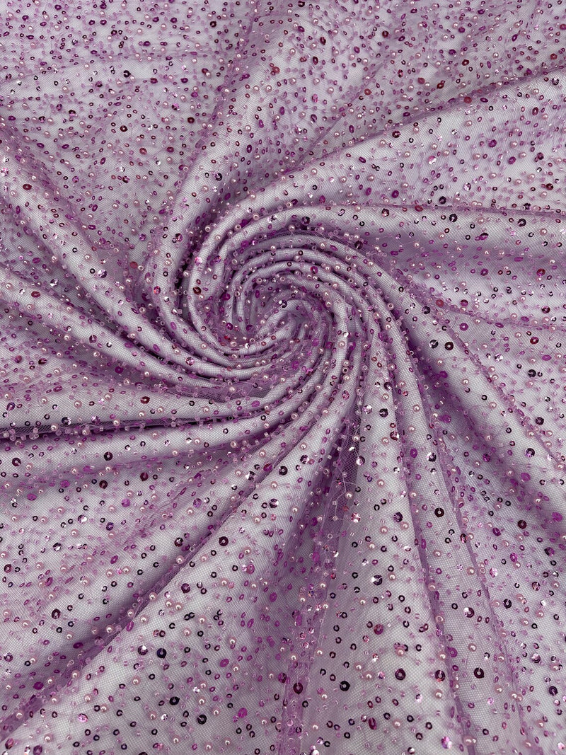 Beaded Mesh 3D Fabric - Lilac - Beaded Lace Mesh Fabric Embroidered with Small Sequins Sold By Yard