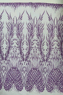 Beaded Embroidered Fabric - Lilac - Embroidered Heart and Feather Pattern Fabric Sold By Yard
