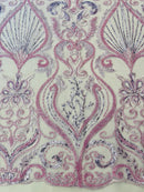 Leaf Damask Bead Fabric - Lilac - Embroidered Sequins Heavy Beaded Lace Fabric by Yard