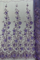 Big Flower 3D Glitter Fabric - Lilac - Embroidered Floral Sequins Design Fabric by Yard