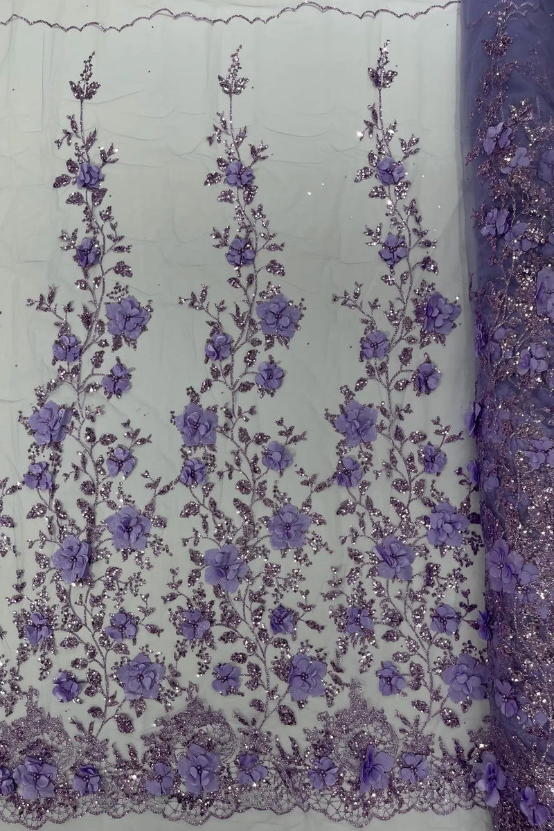 Big Flower 3D Glitter Fabric - Lilac - Embroidered Floral Sequins Design Fabric by Yard