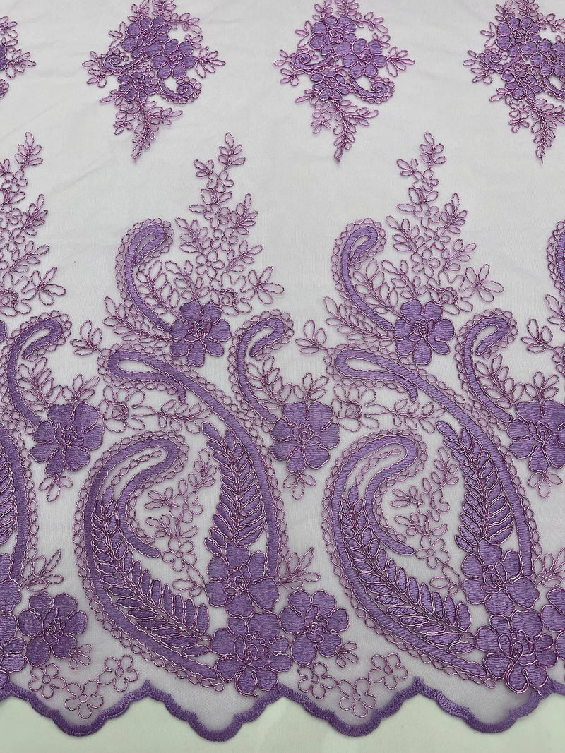 Metallic Paisley Floral Lace - Lilac - Corded Floral Lace with Metallic Thread on Mesh By Yard