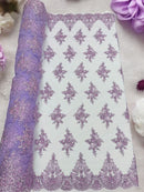 Floral Damask Bead Fabric - Lilac - Embroidered Floral Clusters with Beads / Sequins by Yard