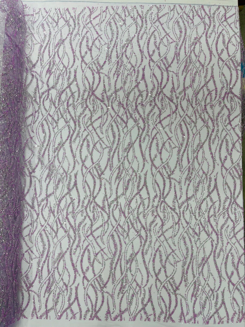 Beaded Wavy Fabric Design - Lilac - Bead and Sequins Wavy Lace Fabric By Yard
