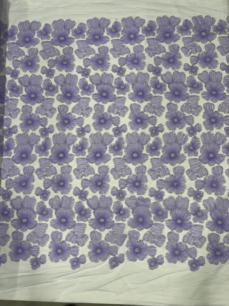 3D Tulle Flower Bead Fabric - Lilac - Mesh Flowers with Small Pearls and Beads By The Yard