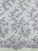 Floral Two Tone Lace Fabric - Lilac - Sequins Embroidery Floral Lace Fabric Sold By Yard