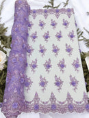 3D Floral Sequins Design - Lilac - Embroidered Floral Lace Fabric With Sequins / Pearls By Yard