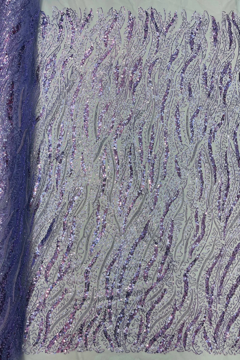 Wavy Leaf Lines Fabric - Lilac - Beaded Sequins Leaf Pattern Embroidered On Mesh By Yard