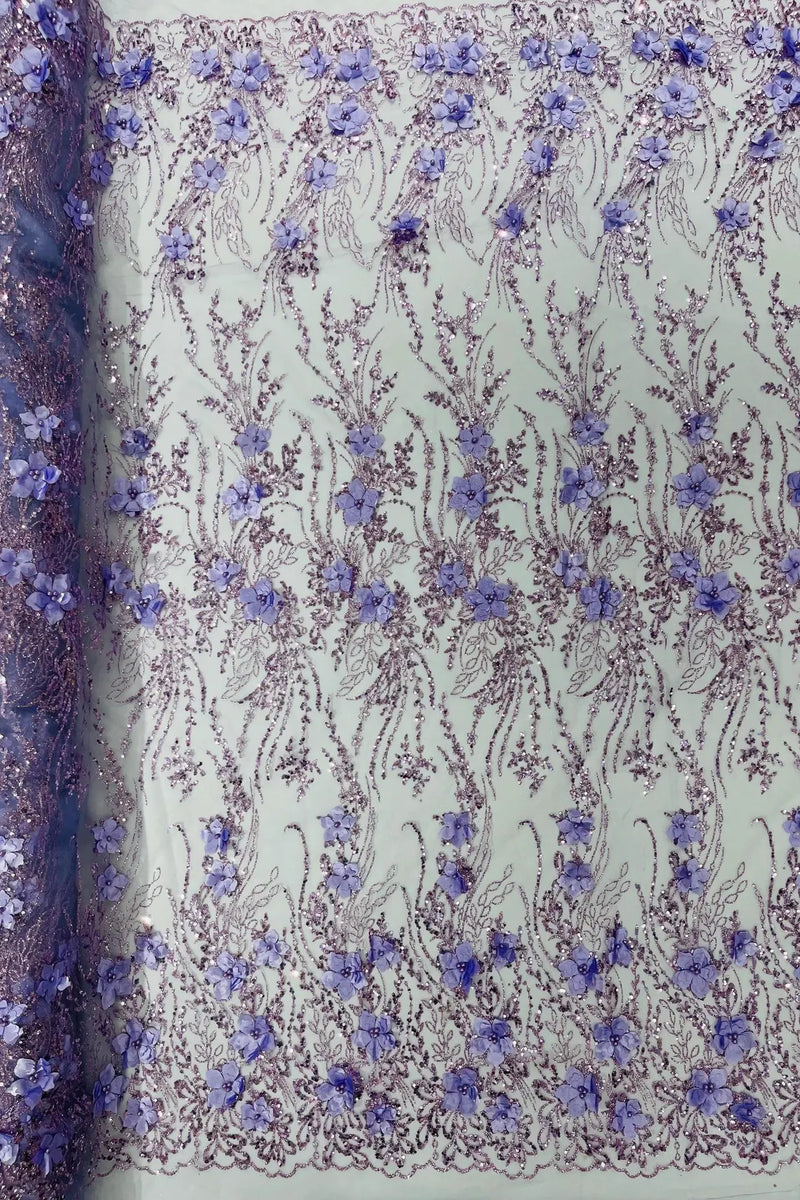 Flower 3D Glitter Fabric - Lilac - Embroidered Floral Sequins Design Fabric by Yard