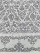 My Lady Beaded Fabric - Lilac - Damask Beaded Sequins Embroidered Fabric By Yard
