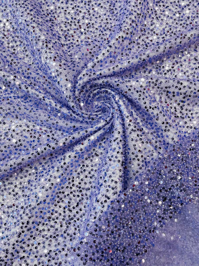 Beaded Sequins Pearl Fabric - Lilac - Embroidered Pearl Beads and Sequins on Lace By Yard