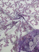 Sequin Lace Floral Fabric - Lilac - Flower Embroidered Sequins Lace Fabric Sold By Yard