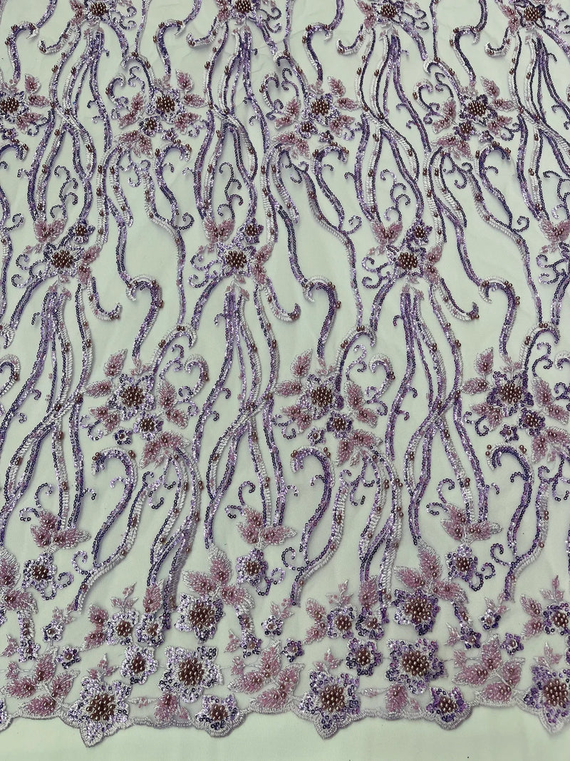 Flower Lines Bead Fabric - Lilac - Beaded Flower Fabric with Curled Long Lines Pattern By Yard
