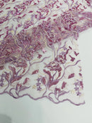 Multi-Color Floral Leaf Fabric - Lilac - Sequins Lace Flower Fabric Sold By Yard