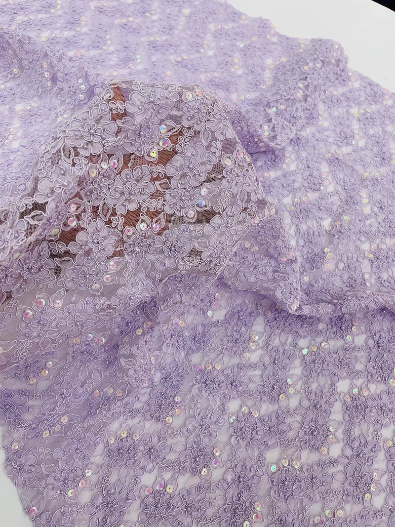 Pearls and Sequins Floral Fabric - Lilac - Embroidered Beaded Sequins Fabric Lace By Yard