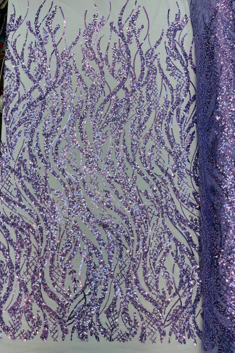 Wavy Floral Beaded Fabric - Lilac - Geometric Beaded Sequins Embroidered Fabric Sold By Yard