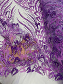 Wavy Lines Leaf Bead Fabric - Lilac - Embroidered Leaf Beaded Mesh By Yard