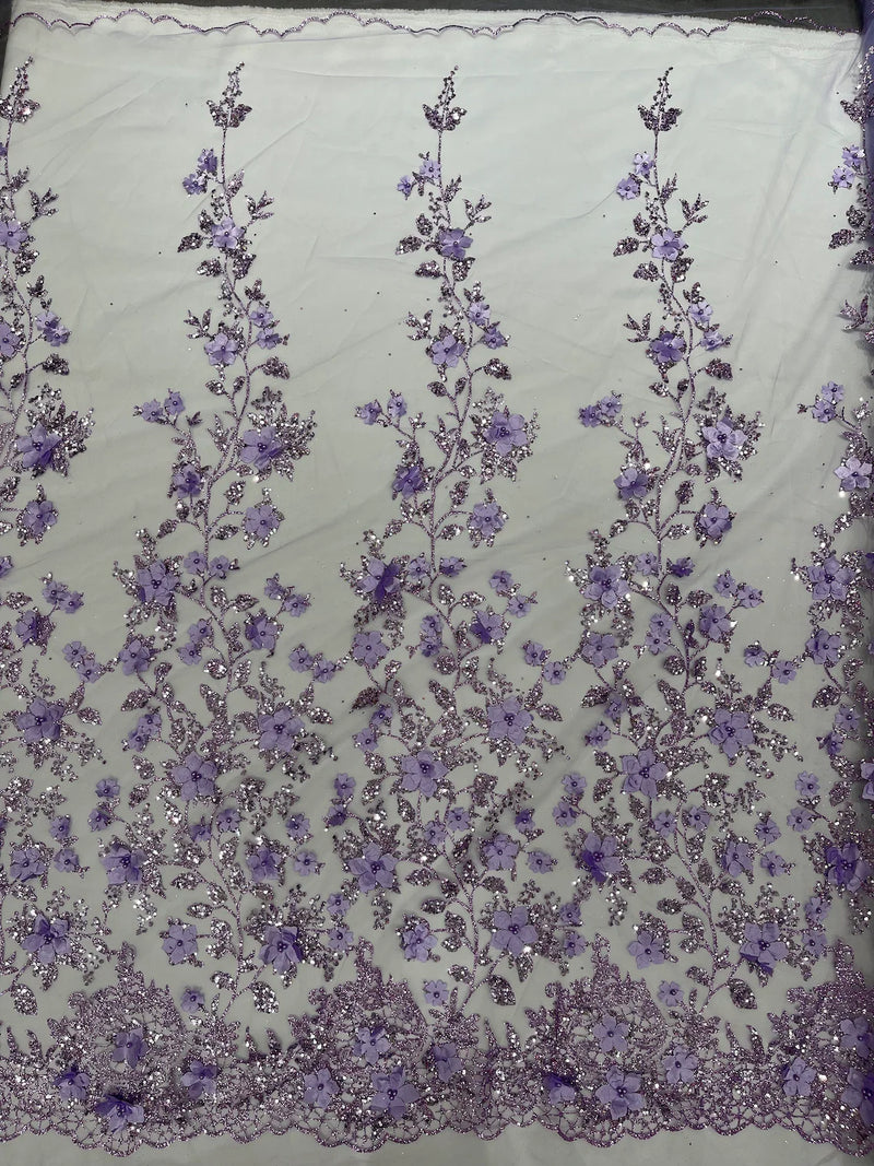 3D Glitter Floral Fabric - Lilac - Glitter Sequin Flower Design on Lace Mesh Fabric by Yard