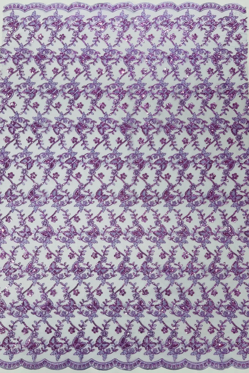 Metallic Floral Butterfly Fabric - Lilac - Embroidered Floral Butterfly Design Mesh Fabric by Yard