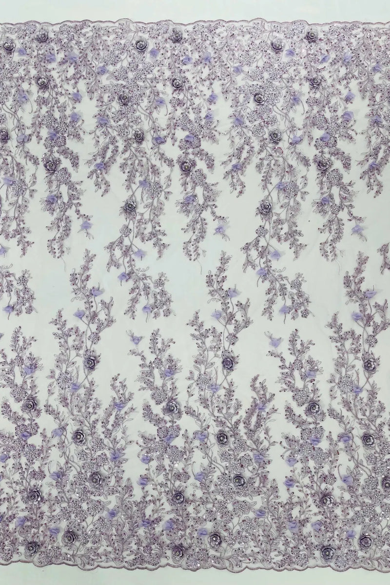 3D Rhinestone Flower Design - Lilac - Flower Sequins  Embroidered Lace Fabric By Yard