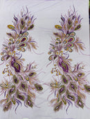 Peacock Feathers Design Lace - Lilac - Embroidered Multi-Color Peacock Lace Fabric Sold by Panel