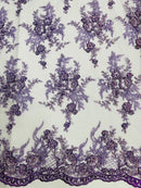 Tauros Beaded Design - Lilac - Floral Beads and Sequins Embroidered on a Mesh Sold By Yard