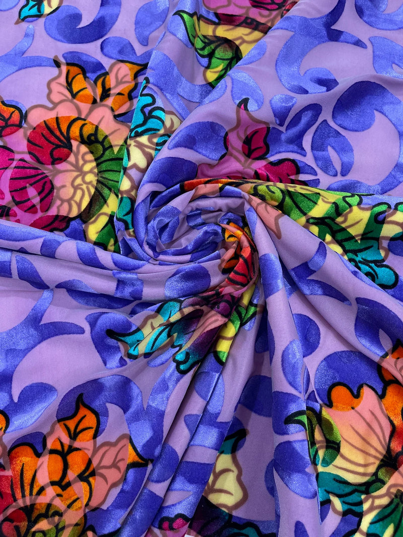 Floral Burnout Stretch Velvet - Lilac - Multi-Color Velvet Burnout Fabric Sold By The Yard