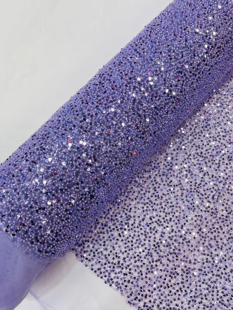 Beaded Sequins Pearl Fabric - Lilac - Embroidered Pearl Beads and Sequins on Lace By Yard