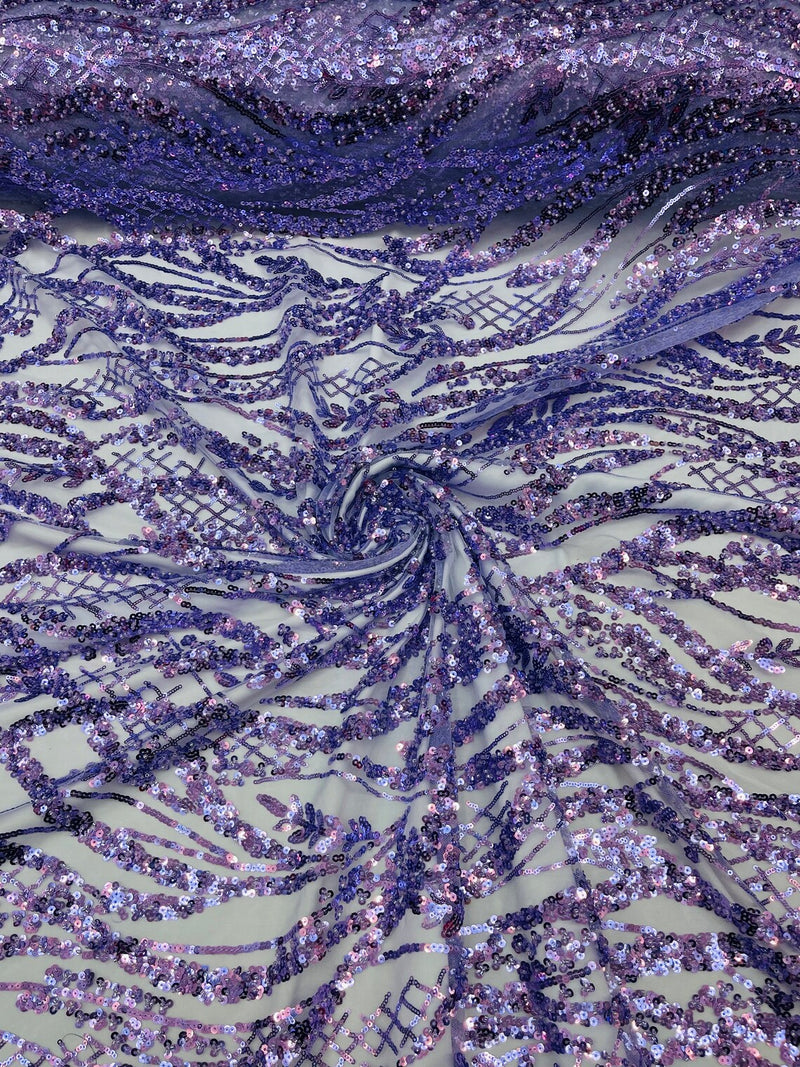 Wavy Floral Beaded Fabric - Lilac - Geometric Beaded Sequins Embroidered Fabric Sold By Yard