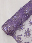 3D Flower Pearl Design - Lilac - Embroidered Sequins Floral Clusters Lace Fabric By Yard