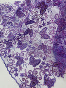 Butterflies Swirl Design - Lilac -  Metallic Sequins Butterflies on Lace Fabric By Yard