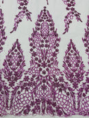 Fancy Rhinestone Glitter Fabric - Lilac - Embroidered Damask Design Glitter Mesh Fabric by Yard