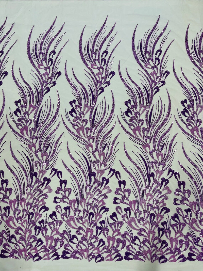 Wavy Lines Leaf Bead Fabric - Lilac - Embroidered Leaf Beaded Mesh By Yard