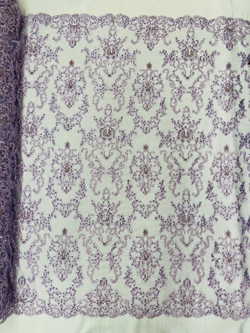 Beaded Butterfly Pattern Fabric - Lilac - Damask Fancy Bead Sequins Fabric Sold by Yard