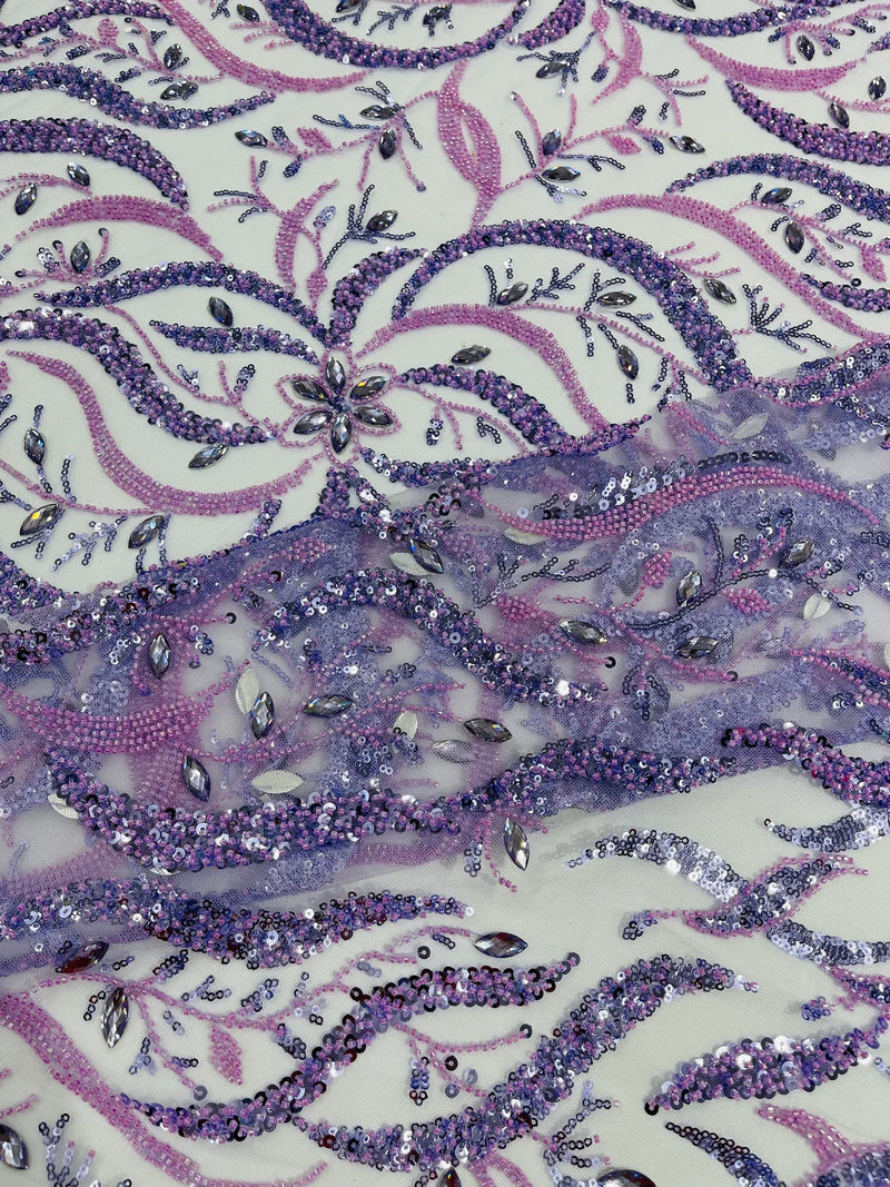 Copy of Floral & Leaf Pattern Bead Fabric - Lilac - Embroidered Beaded Rhinestone on a Mesh, Sold By Yard