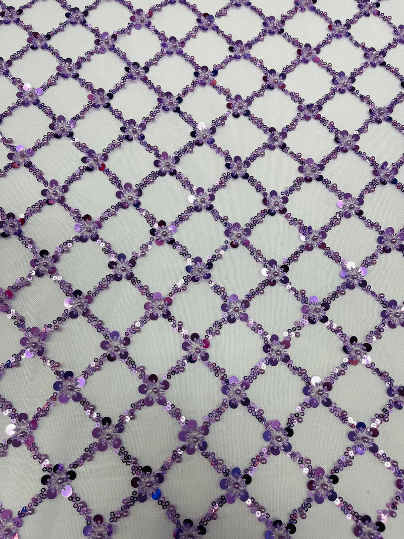 Diamond Net Bead Fabric - Lilac - Geometric Embroidery Beaded Sequins Fabric Sold By The Yard