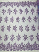 Flower Lace Sequins Fabric - Lilac - Embroidered Floral Pattern Fabric with Sequins on Lace By Yard