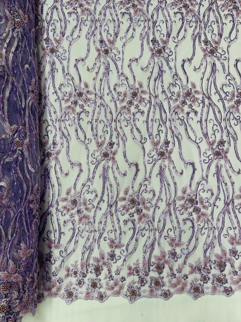 Flower Lines Bead Fabric - Lilac - Beaded Flower Fabric with Curled Long Lines Pattern By Yard