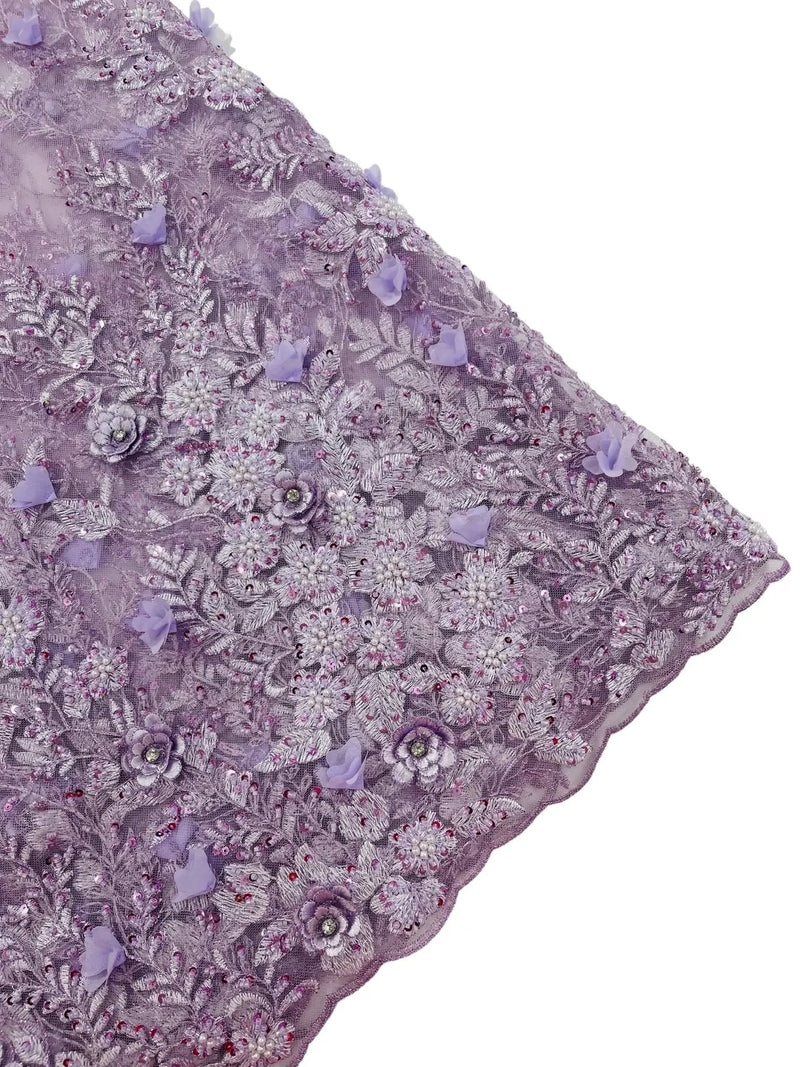 3D Rhinestone Flower Design - Lilac - Flower Sequins  Embroidered Lace Fabric By Yard