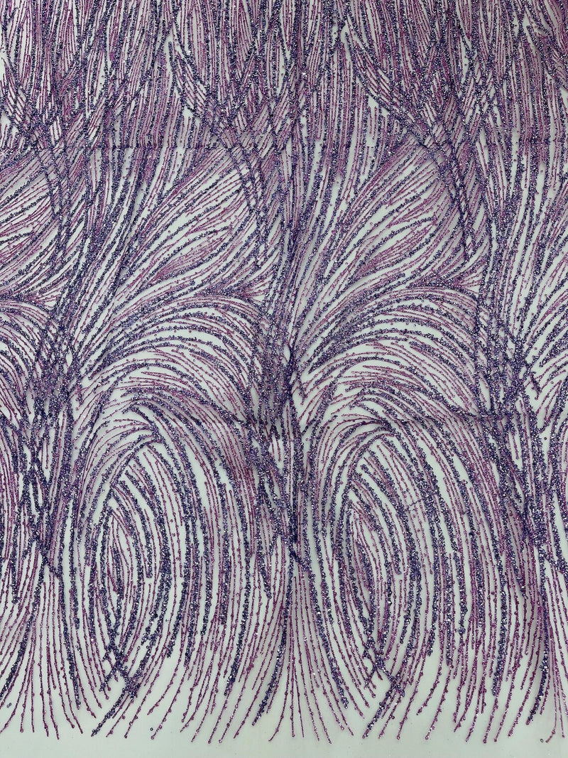 Glitter Lines on Tulle Lace Fabric - Lilac - Tulle Glitter Mesh Line Design Fabric Sold By Yard