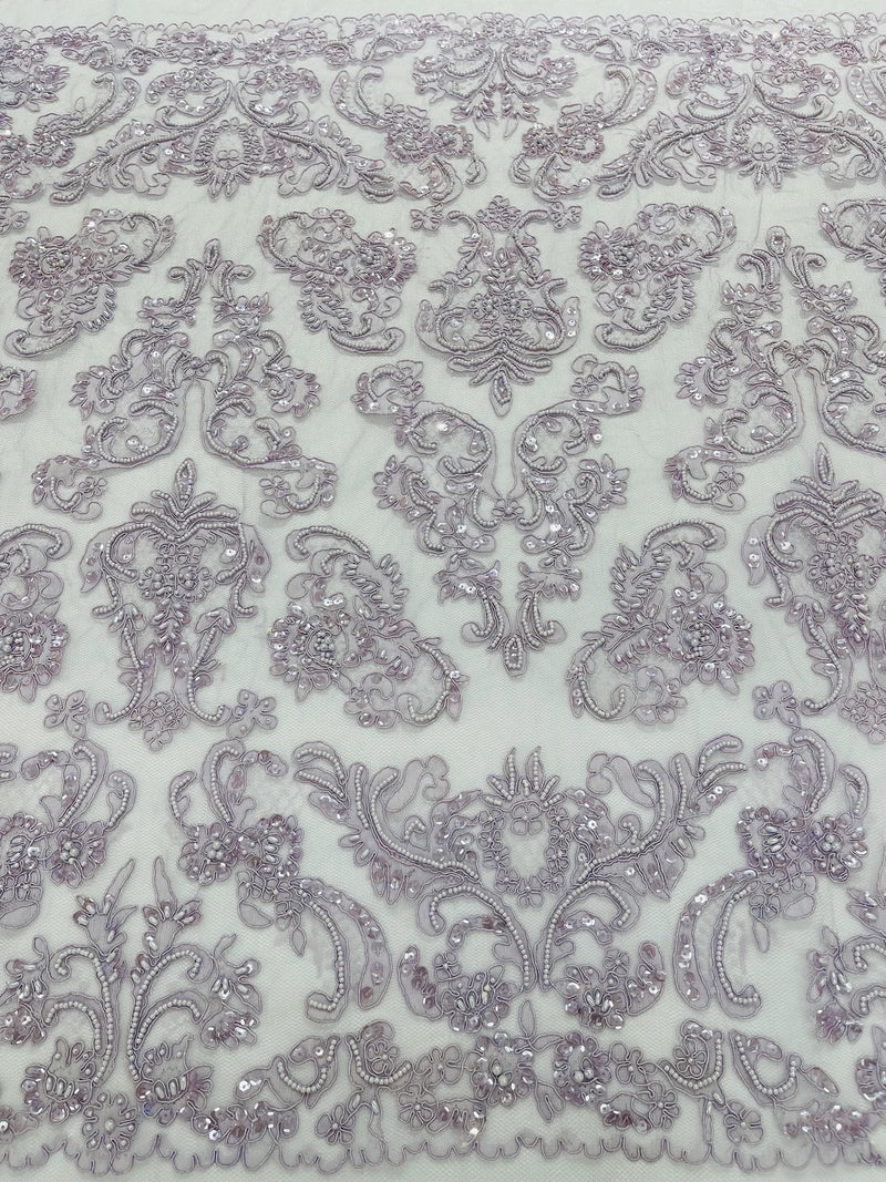 My Lady Beaded Fabric - Lilac - Damask Beaded Sequins Embroidered Fabric By Yard