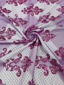King Damask Lace Fabric - Lilac - Corded Embroidery with Sequins on Mesh Lace Fabric By Yard