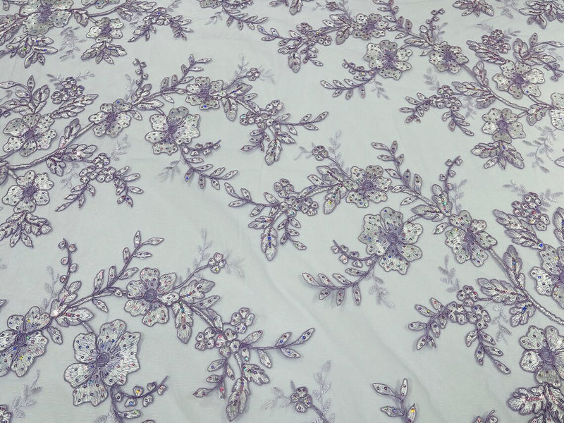 Floral Two Tone Lace Fabric - Lilac - Sequins Embroidery Floral Lace Fabric Sold By Yard