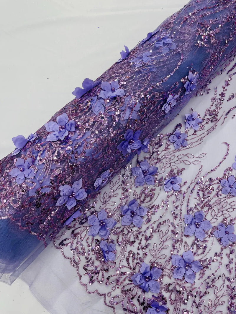 Flower 3D Glitter Fabric - Lilac - Embroidered Floral Sequins Design Fabric by Yard