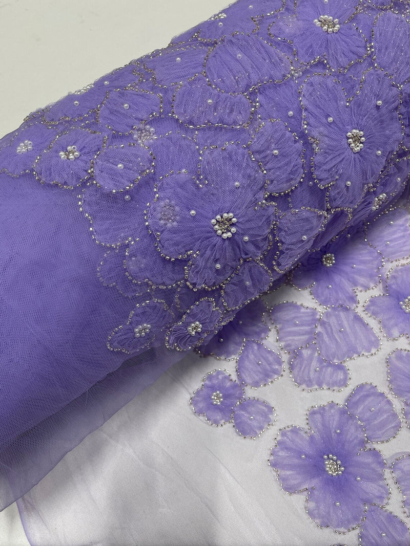 3D Tulle Flower Bead Fabric - Lilac - Mesh Flowers with Small Pearls and Beads By The Yard