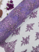 Floral Damask Bead Fabric - Lilac - Embroidered Floral Clusters with Beads / Sequins by Yard