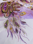 Peacock Feathers Design Lace - Lilac - Embroidered Multi-Color Peacock Lace Fabric Sold by Panel