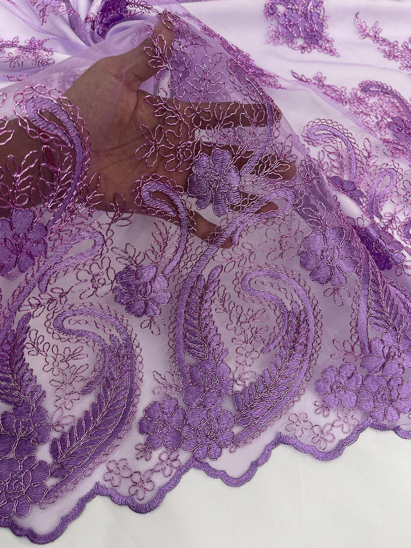 Metallic Paisley Floral Lace - Lilac - Corded Floral Lace with Metallic Thread on Mesh By Yard