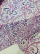 Leaf Damask Bead Fabric - Lilac - Embroidered Sequins Heavy Beaded Lace Fabric by Yard